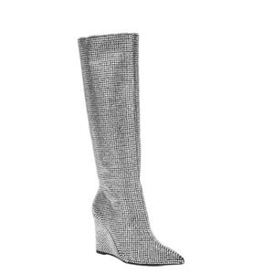 Gianni Bini Party Swifty GaborTwo Rhinestone Pointed Toe Tall Wedge Boots 6.5